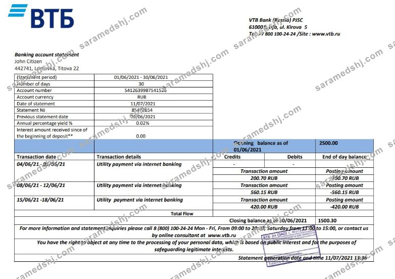 Russia VTB bank proof of address statement template in Word and PDF format